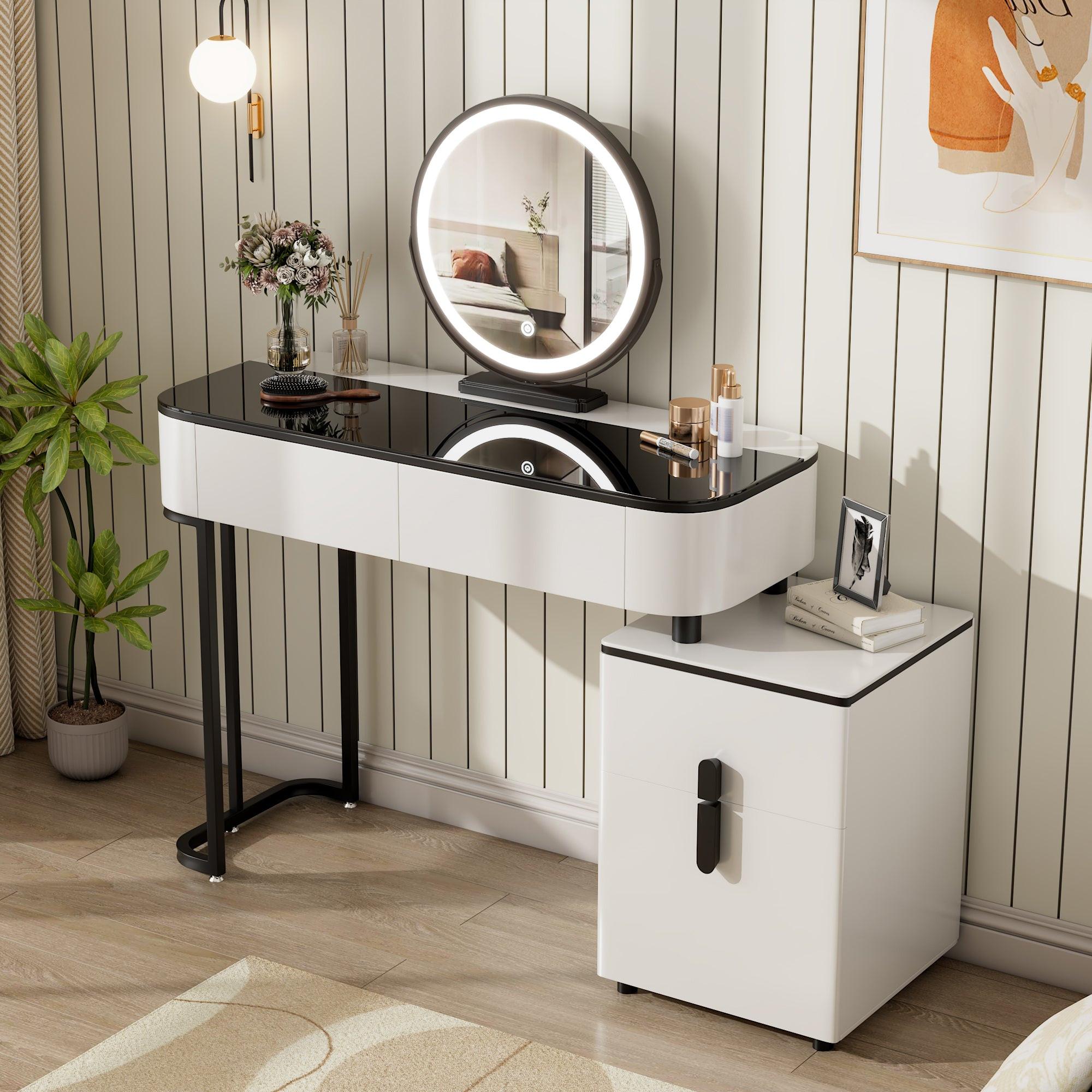 Modern Vanity Table with Glass Top and Storage Cabinet.