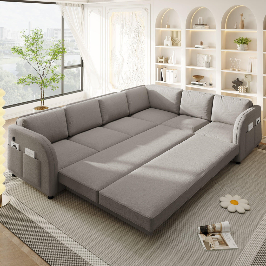L-Shaped Sofa with Pull-Out Bed and USB Port.