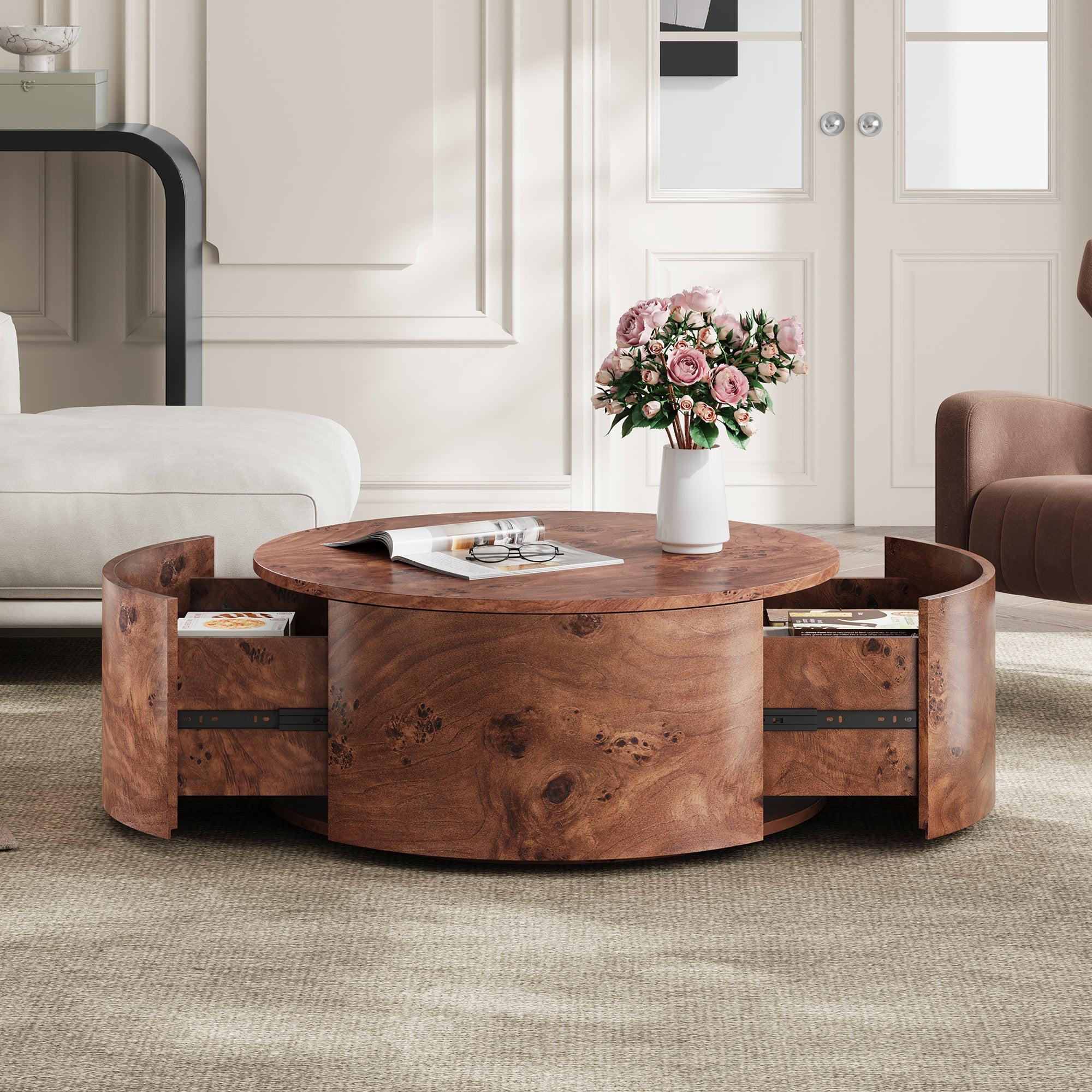 Burl Wood Coffee Table with Drawers - 360° Rotating Top.