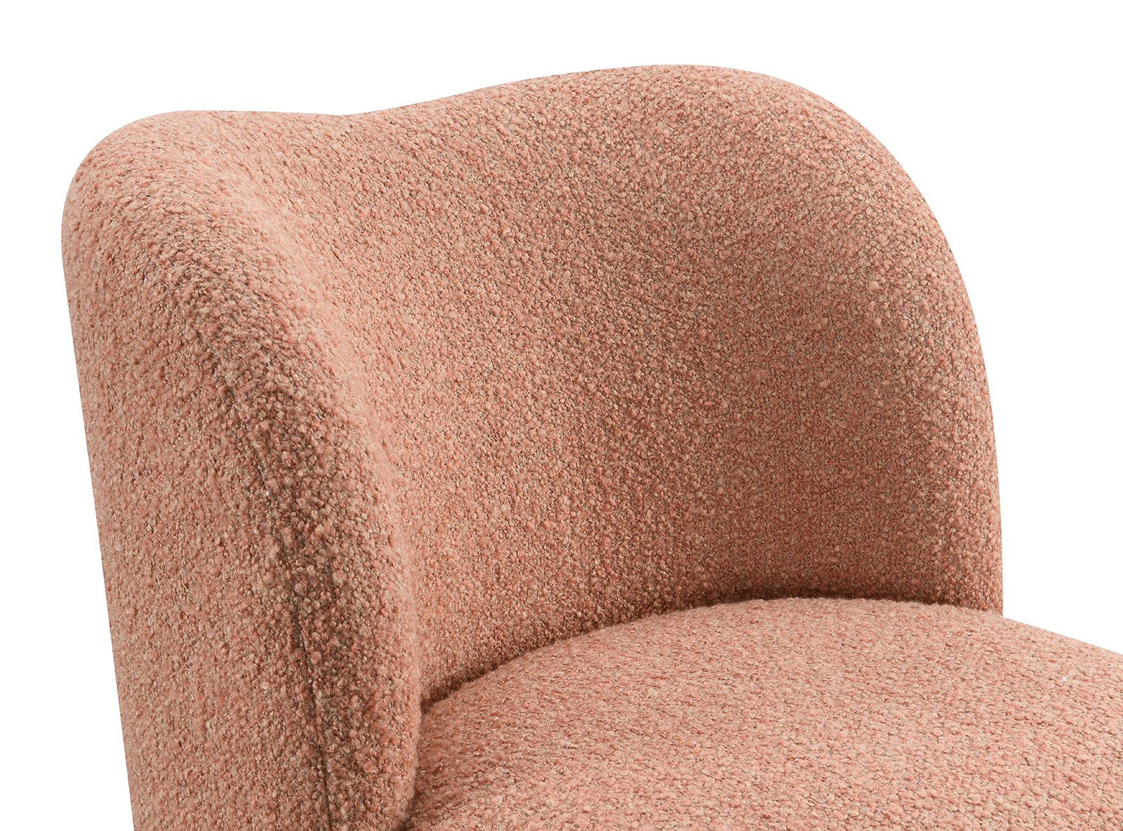 Detail of the curved backrest on the pink accent chair, highlighting the plush boucle upholstery and ergonomic design.