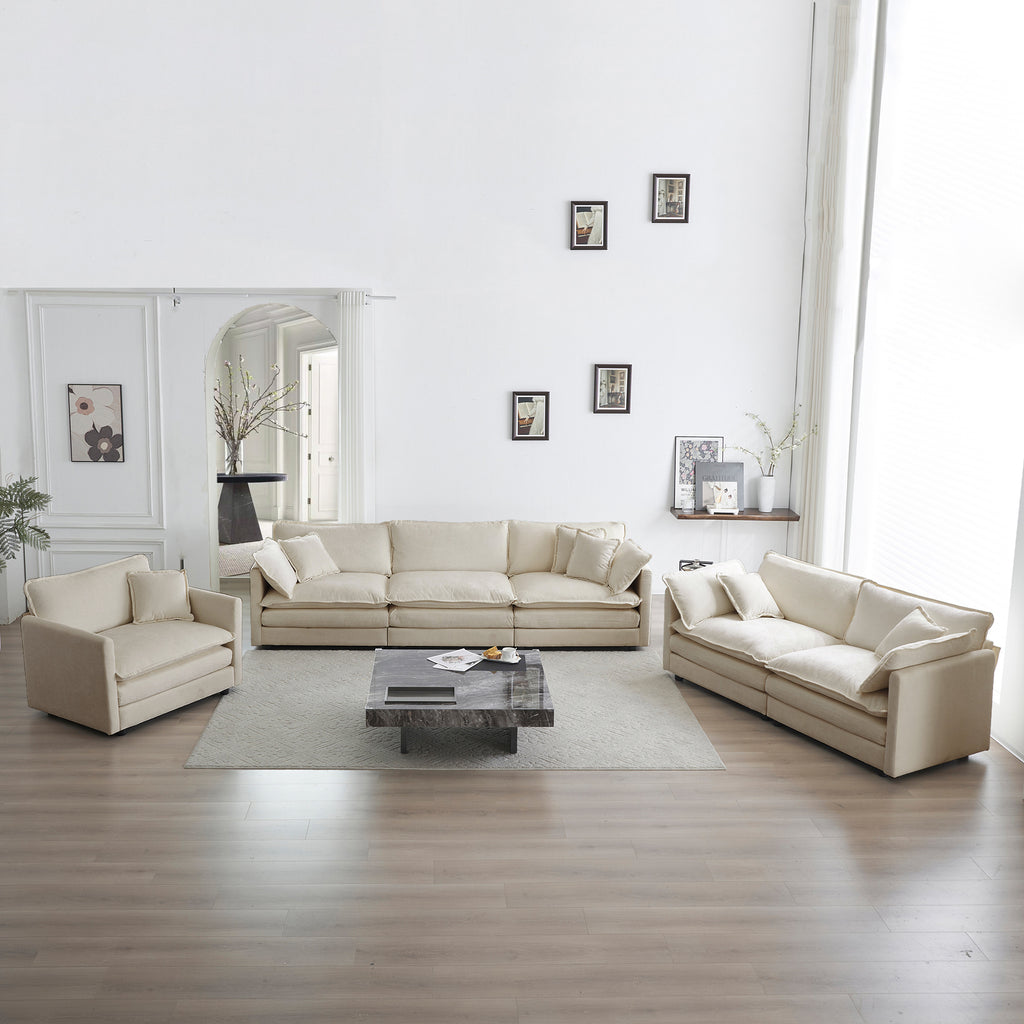 Modern 3 piece sectional sofa set in beige chenille fabric with plush cushions in a spacious living room. Ideal for customizable seating layouts.