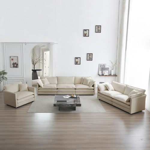 Modern 3 piece sectional sofa set in beige chenille fabric with plush cushions in a spacious living room. Ideal for customizable seating layouts.