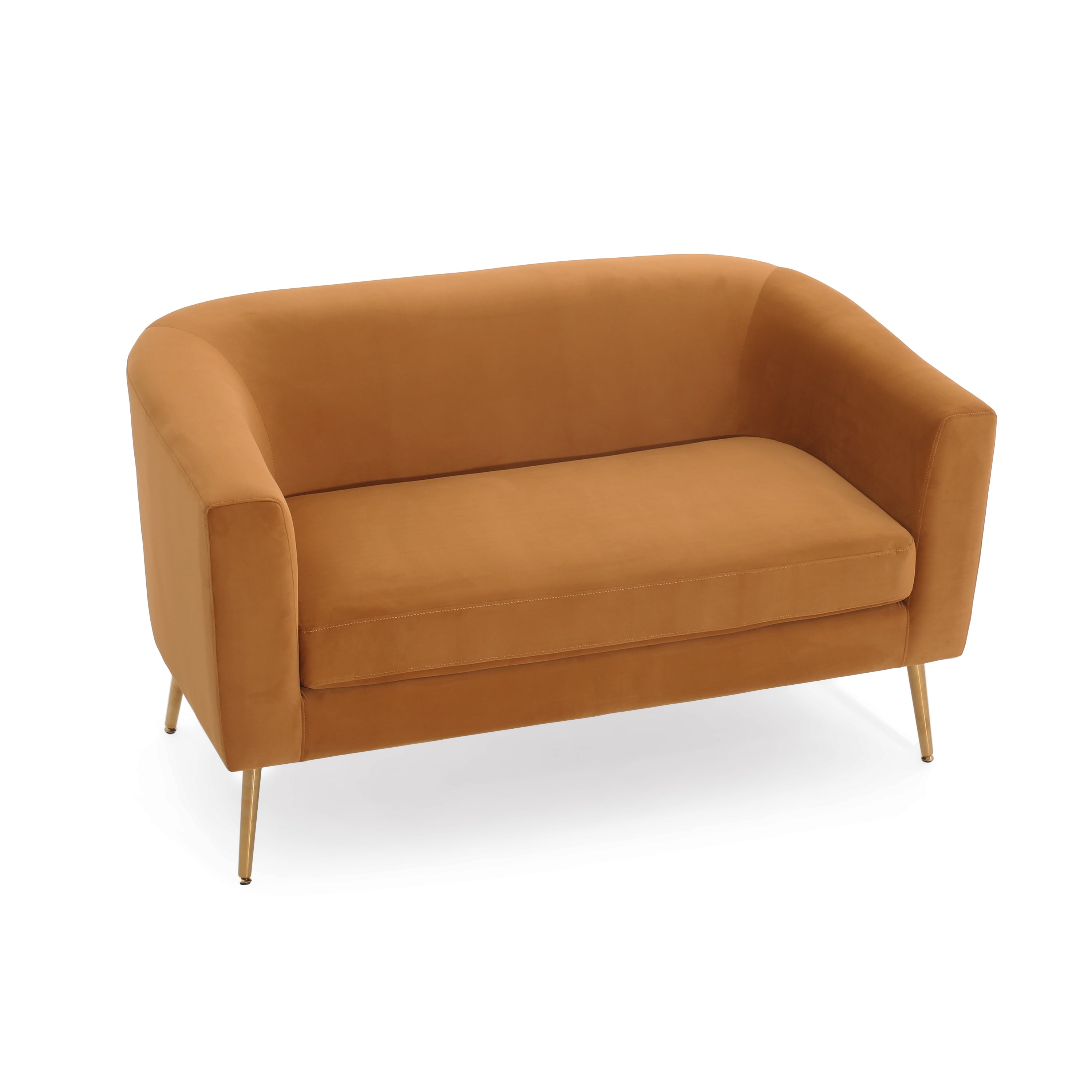 Angled view of modern velvet loveseat with plush seat and gold legs, combining soft comfort with contemporary design elegance.