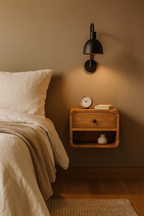 Solid Wood Mini Oak-ish Floating Open Bedside, 1-Drawer.
