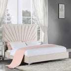 Modern platform bed in queen size with beige velvet tufted headboard, shown in a bright bedroom with large windows and elegant decor.