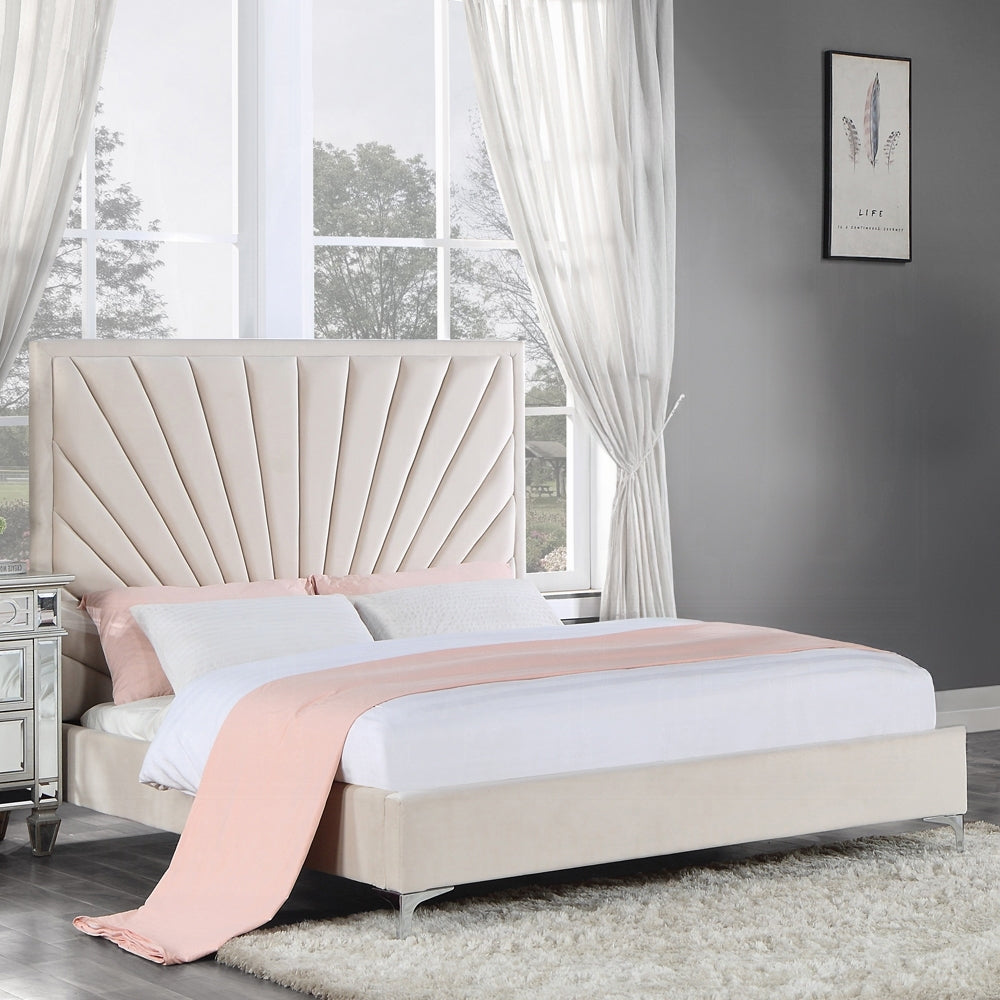 King Size Platform Bed - Velvet Upholstered with channel-tufted headboard in beige, modern bedroom setup with large windows and gray walls.