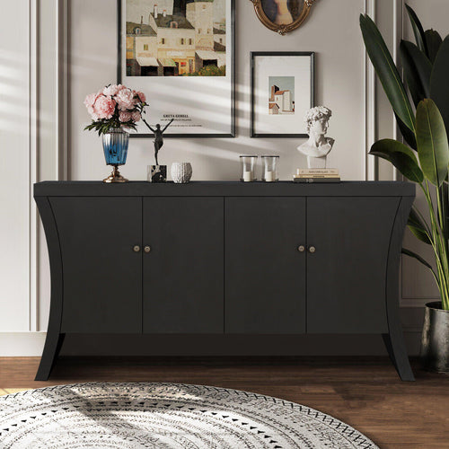 Refined Industrial 4-Door Credenza with Wooden Arc Legs & Bronze Clasps – Advanced Storage Design, Black MDF.