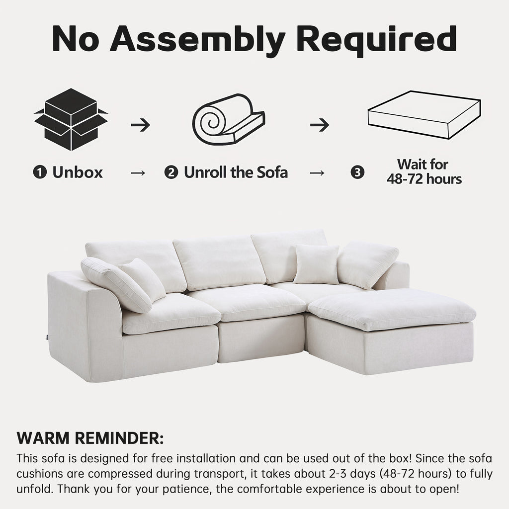 No assembly required L-Shaped Sectional Sofa with Chaise, highlighting simple setup instructions and ready-to-use design after unboxing.