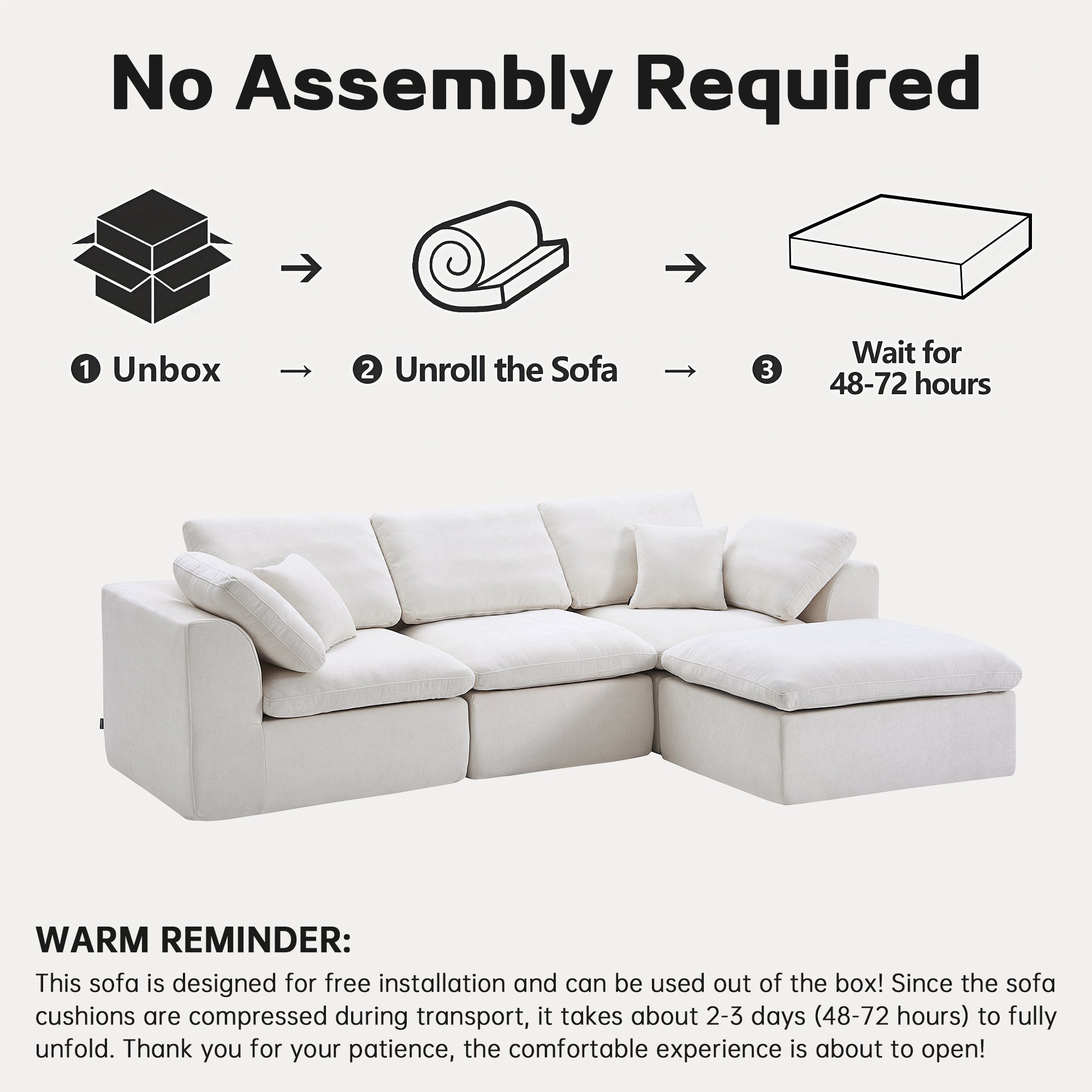 No assembly required L-Shaped Sectional Sofa with Chaise, highlighting simple setup instructions and ready-to-use design after unboxing.