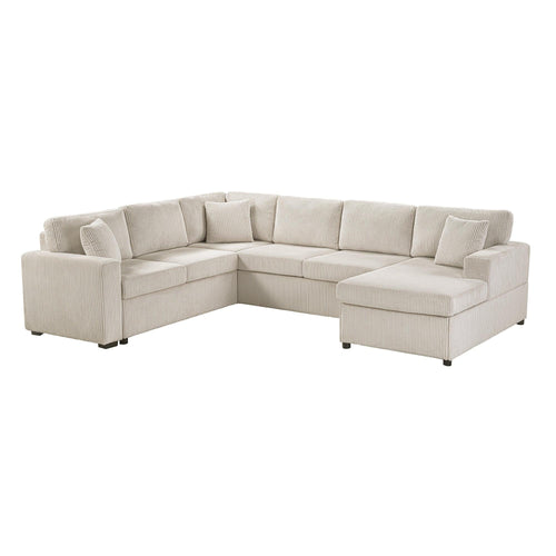 Oversized Sectional Sofa 115.3' U-Shaped Sofa with Chaise Lounge and Three Soft Throw Pillows, Light Gray Corduroy, 115.3' x 90.5'.