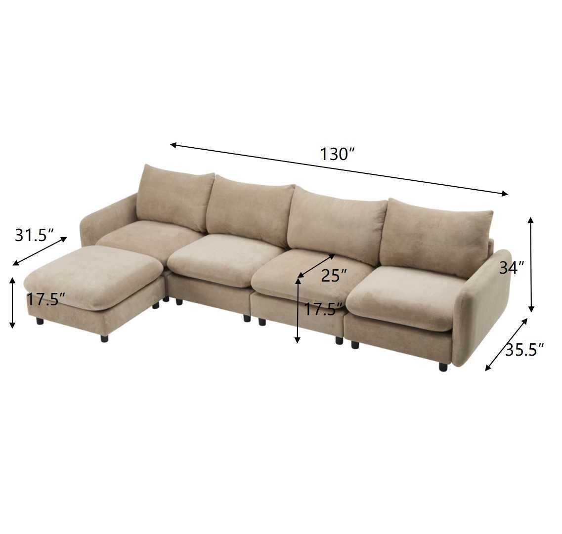 130 in. Oversize Modular Sectional Velvet Sofa with Ottoman.