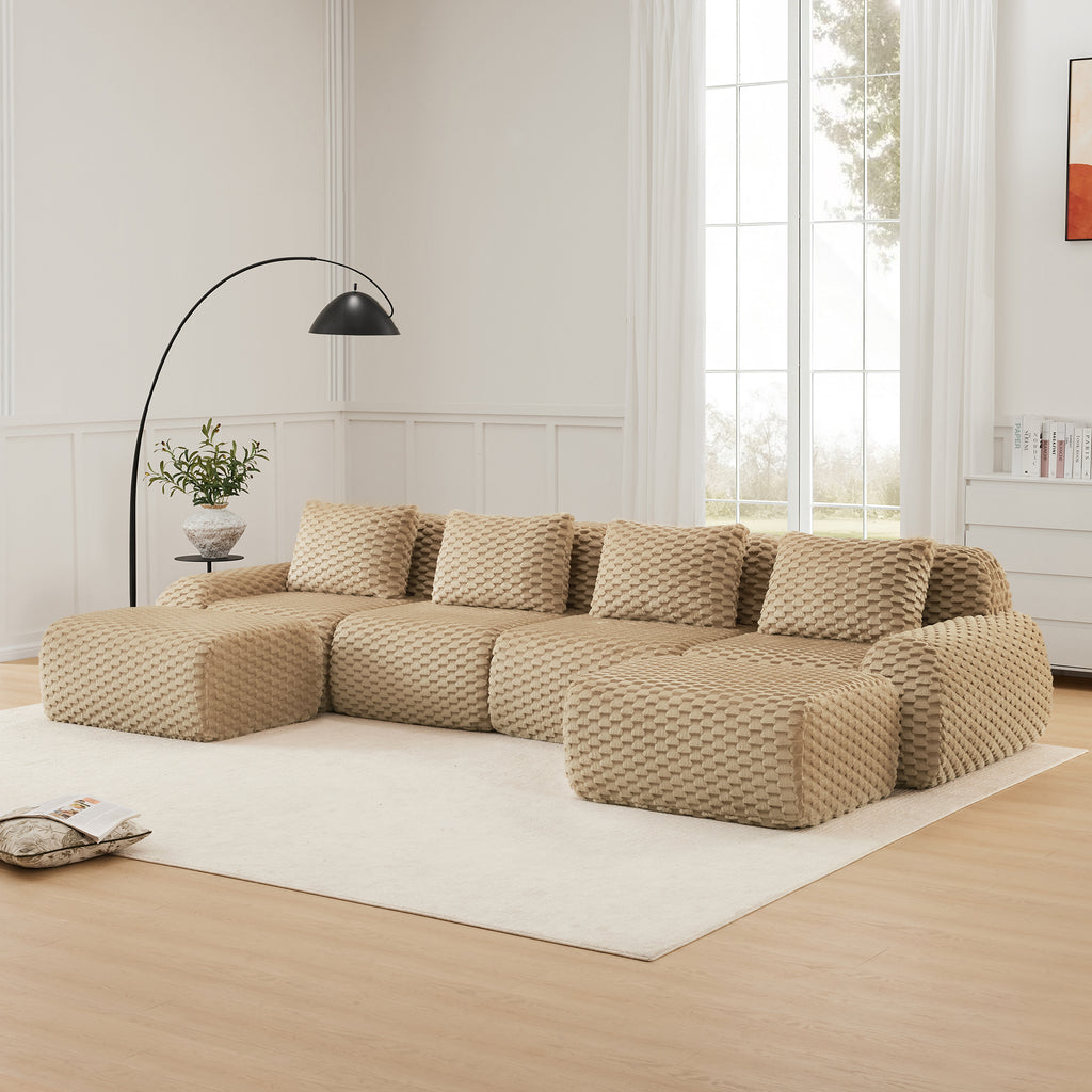 Modern Modular Sofa - U-Shaped Sectional | 4-Seater Comfort in beige flannelette with deep seats and plush cushions, ideal for spacious living rooms.