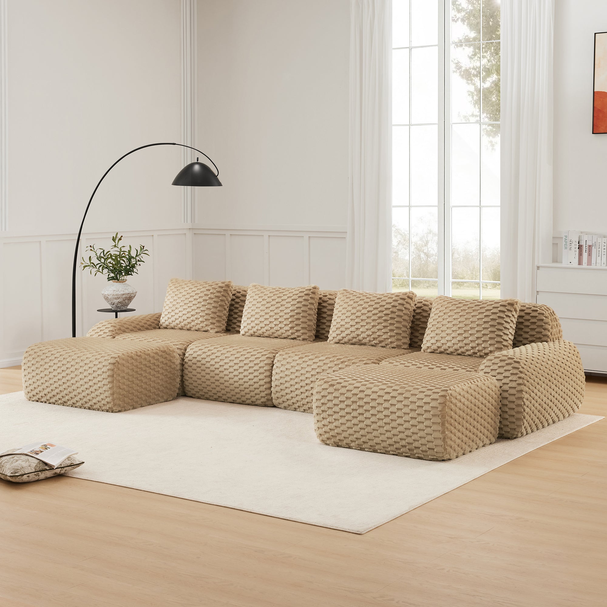 Modern Modular Sofa - U-Shaped Sectional | 4-Seater Comfort in beige flannelette with deep seats and plush cushions, ideal for spacious living rooms.