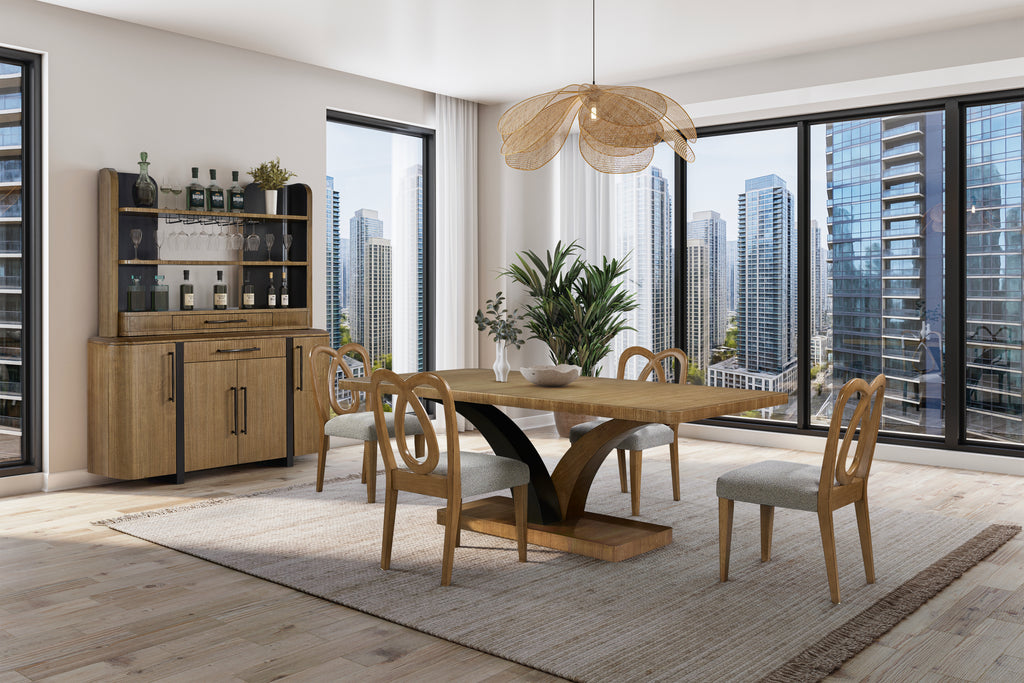 Wooden Carved Back Chair Set of 2 in modern dining room with tan finish and upholstered seats, complementing a wood dining table and cabinet.