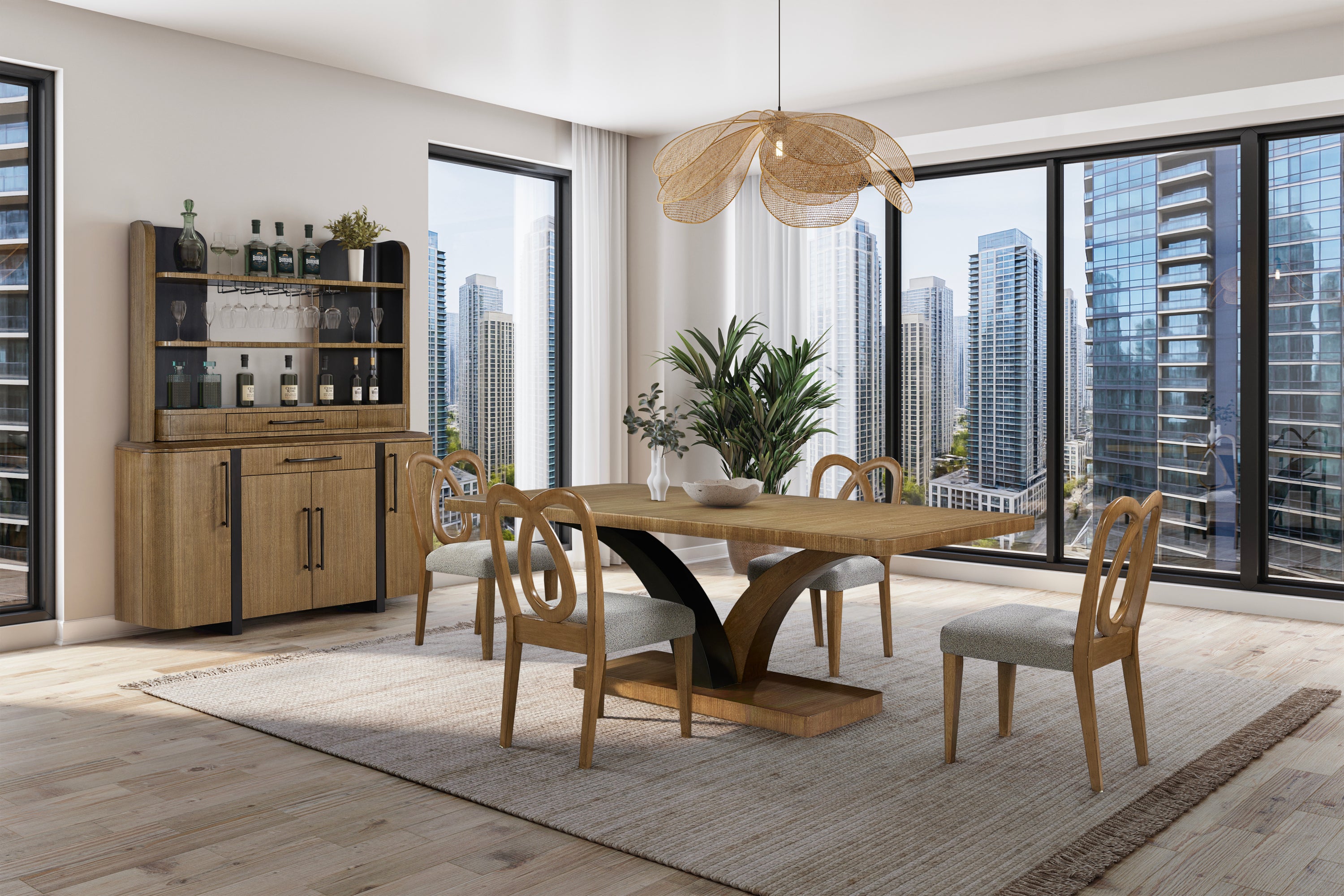 Wooden Carved Back Chair Set of 2 in modern dining room with tan finish and upholstered seats, complementing a wood dining table and cabinet.