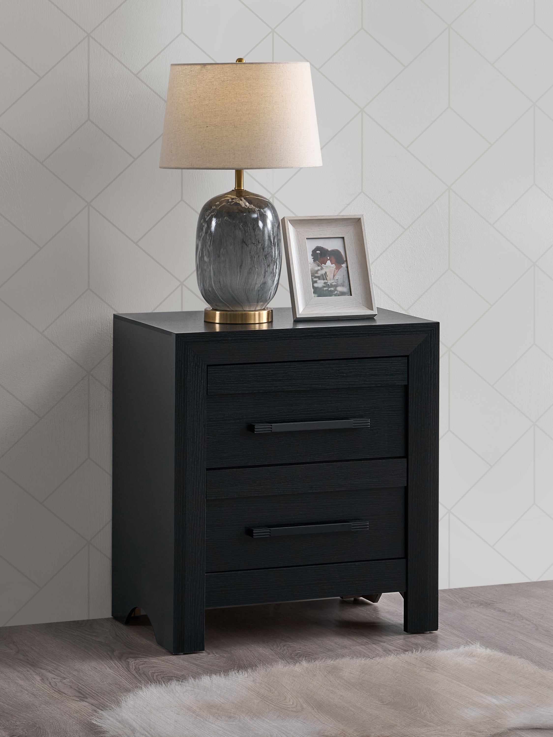 Rustica 2-Drawer Black Wooden Nightstand with Dimensional Case Front