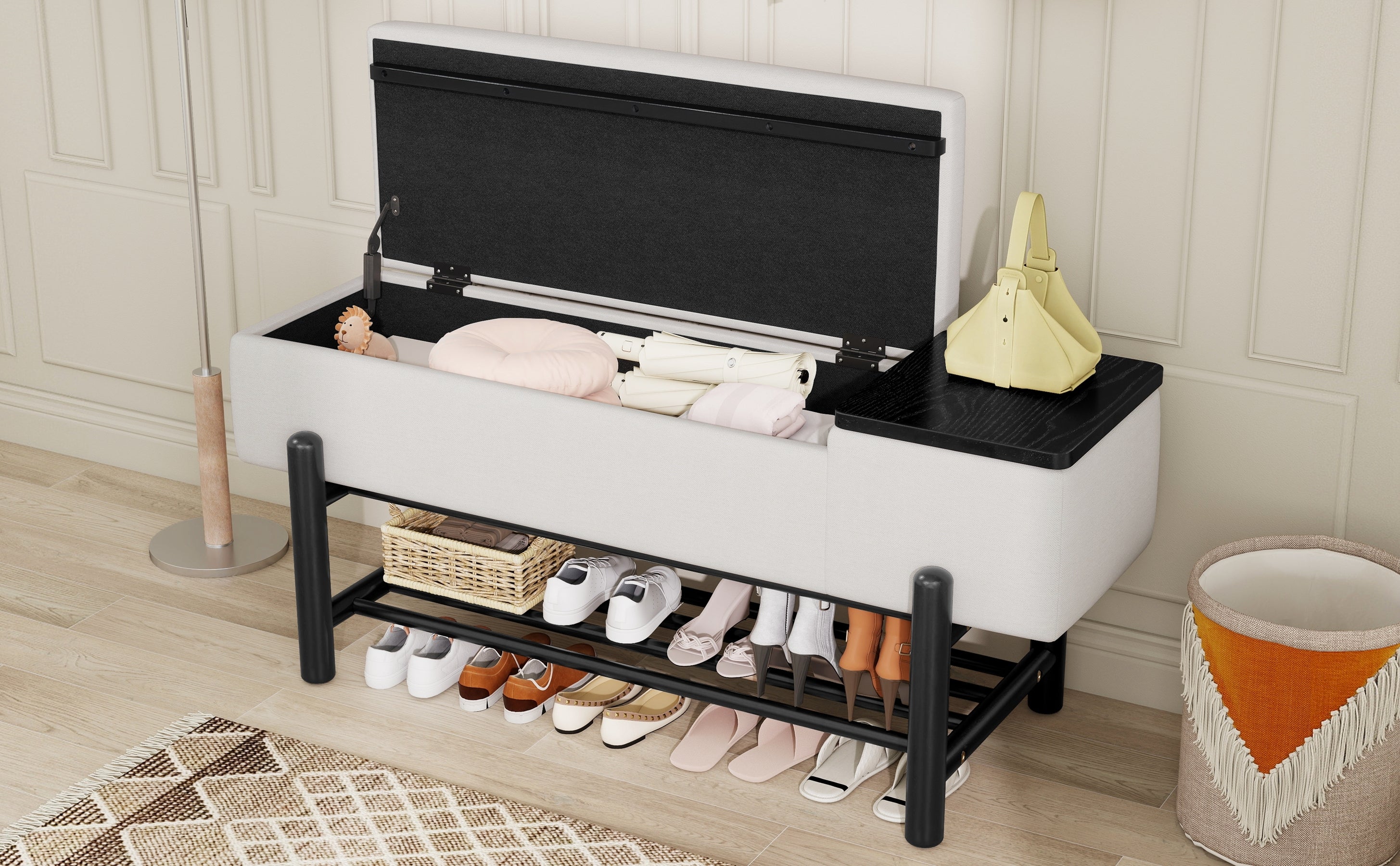 TREXM Farmhouse Upholstered Storage Bench with Hidden Compartment, Modern Entryway Bench for Living Room, Entryway, and Hallways (Black)