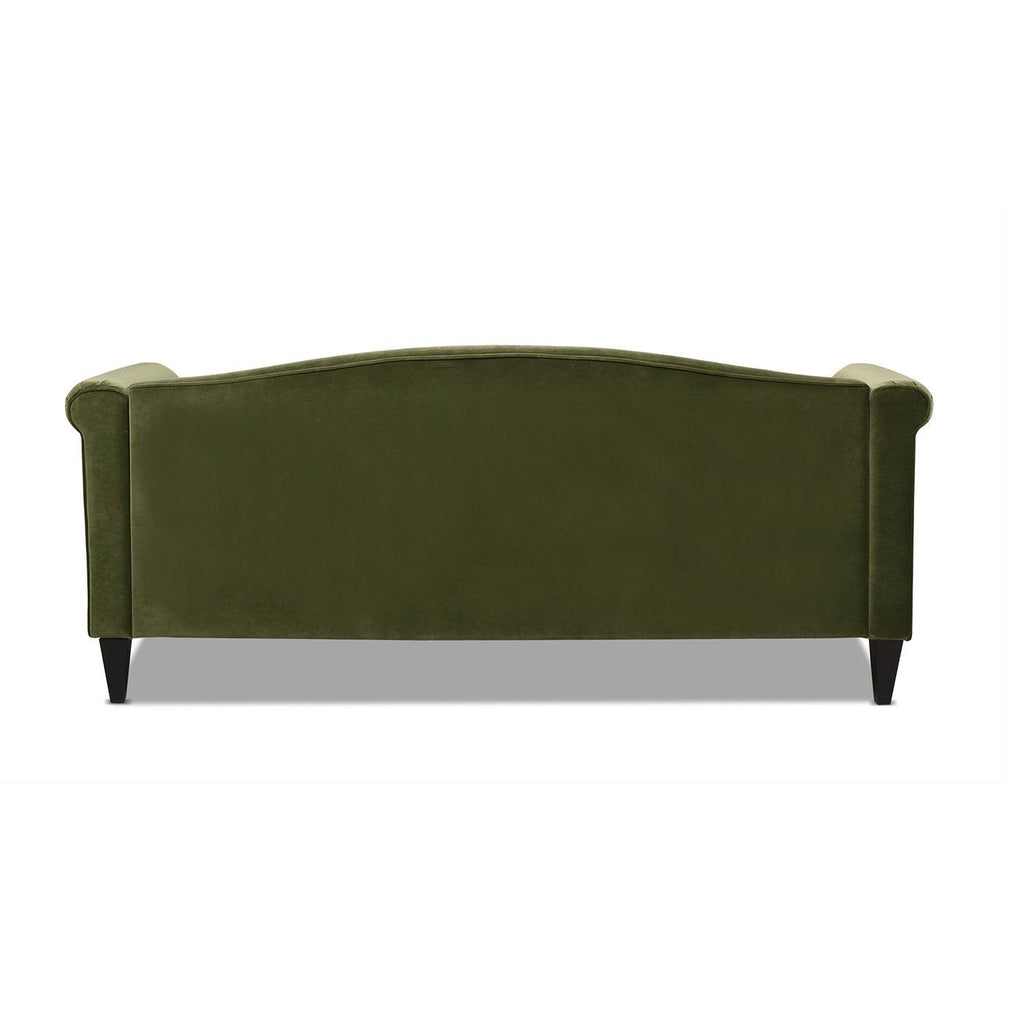 Elaine 77' Small Space Sofa in Olive Green Velvet.