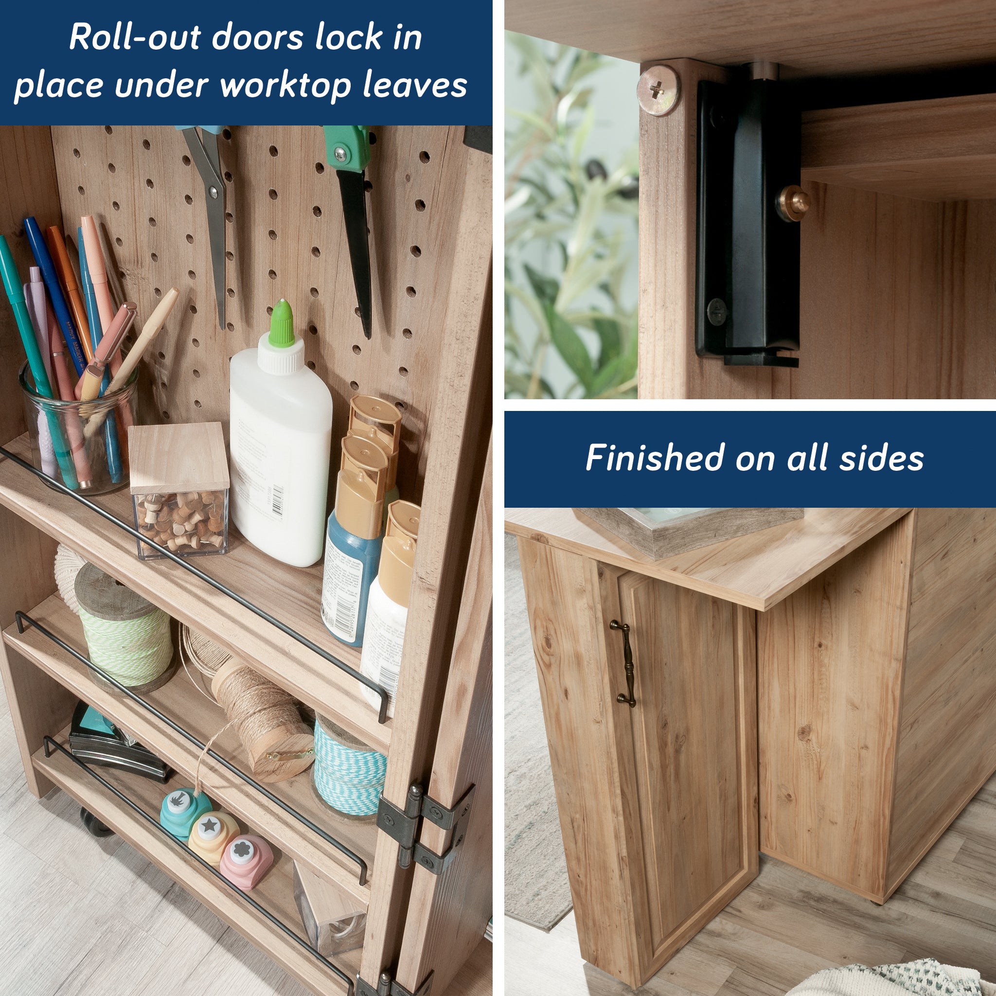 Craft Cart with Storage for Home showing roll-out doors, finished sides, and secure locking mechanism under worktop leaves.