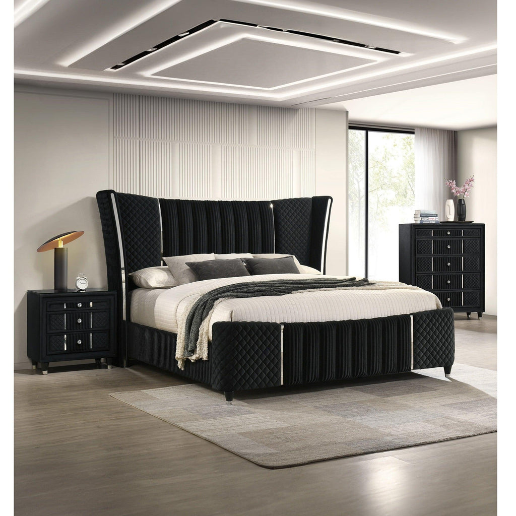 Contemporary Black Velvet Nightstand with Crystal-style Knobs.