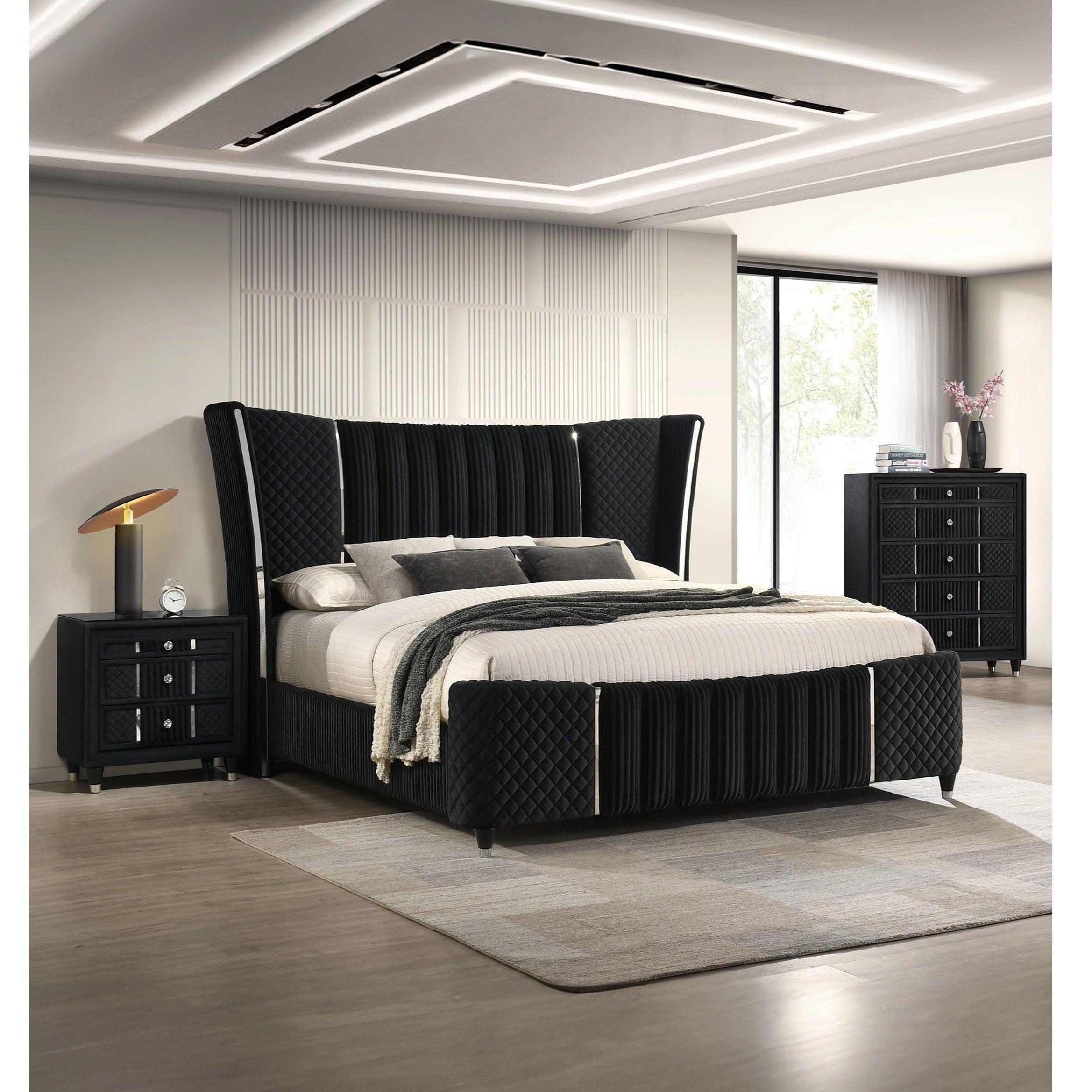Contemporary Black Velvet Nightstand with Crystal-style Knobs.