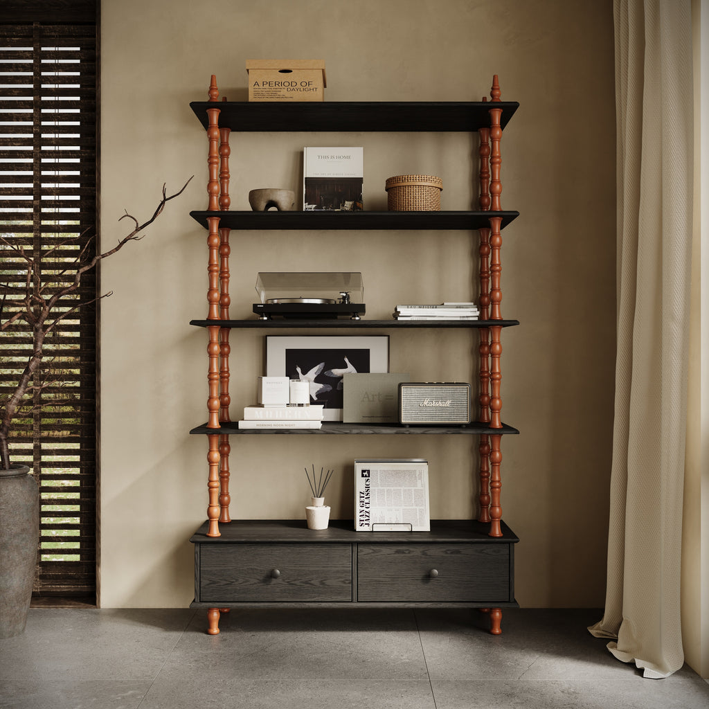 74-Inch Tall 5-Tier Black Wood Bookshelf with Storage Drawers