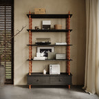 74-Inch Tall 5-Tier Black Wood Bookshelf with Storage Drawers
