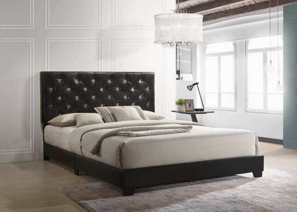 Modern Black PU Leather Platform Bed with Diamond Tufted Headboard