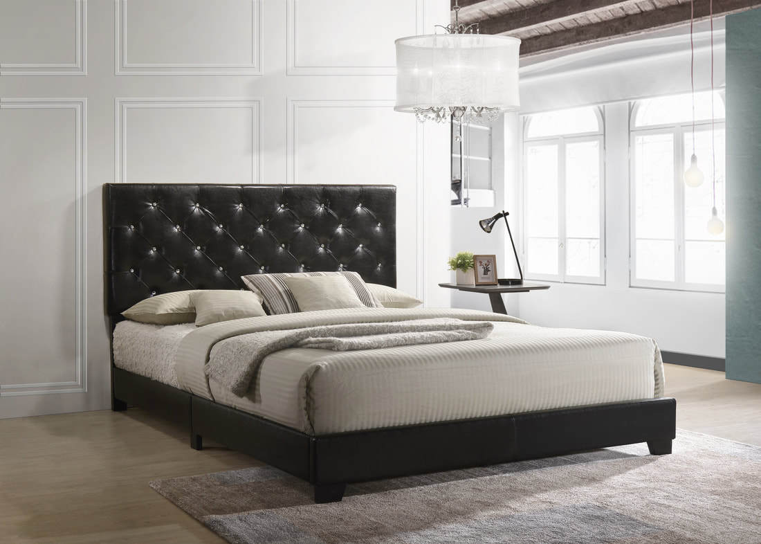 Modern Black PU Leather Queen Bed with Diamond Tufted Headboard