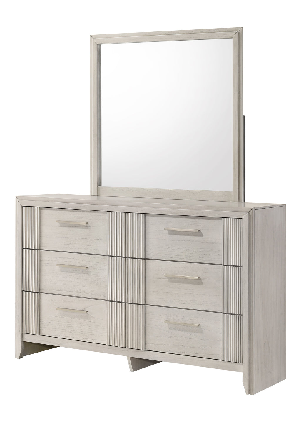 Contemporary Dresser - 6-Drawer with matching framed mirror in mist white finish, perfect for stylish and functional bedroom furniture sets.