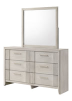 Contemporary Dresser - 6-Drawer with matching framed mirror in mist white finish, perfect for stylish and functional bedroom furniture sets.
