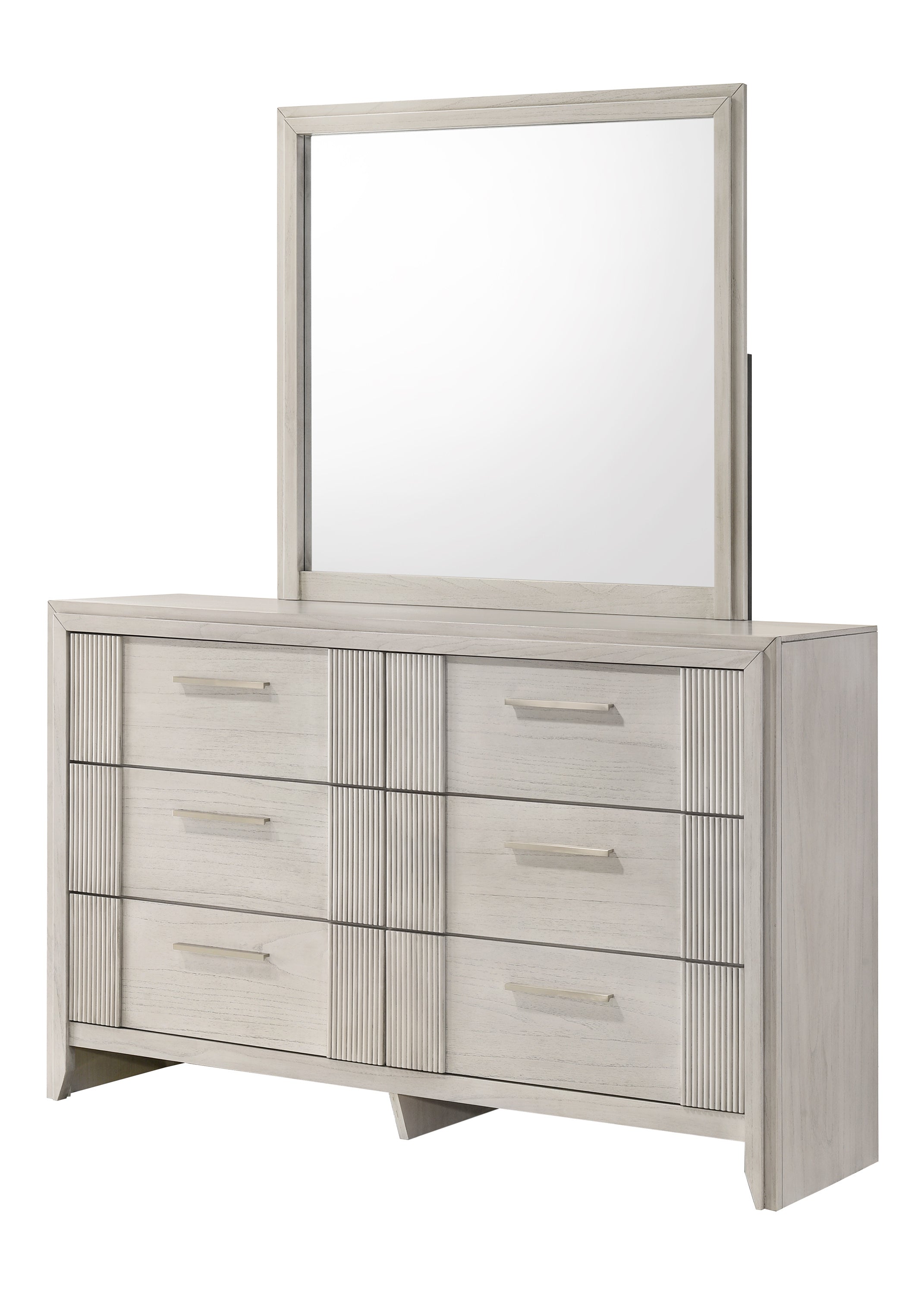 Contemporary Dresser - 6-Drawer with matching framed mirror in mist white finish, perfect for stylish and functional bedroom furniture sets.