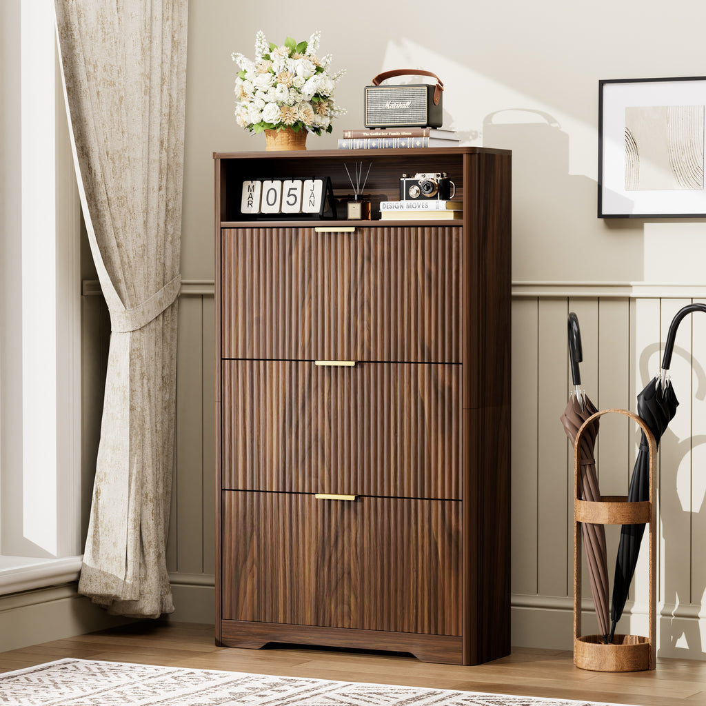 Walnut Shoe Cabinet with Flip Drawers for Entryway Storage