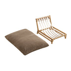 Disassembled corduroy sofa chair showing separate cushion and wooden frame for easy installation and portability.