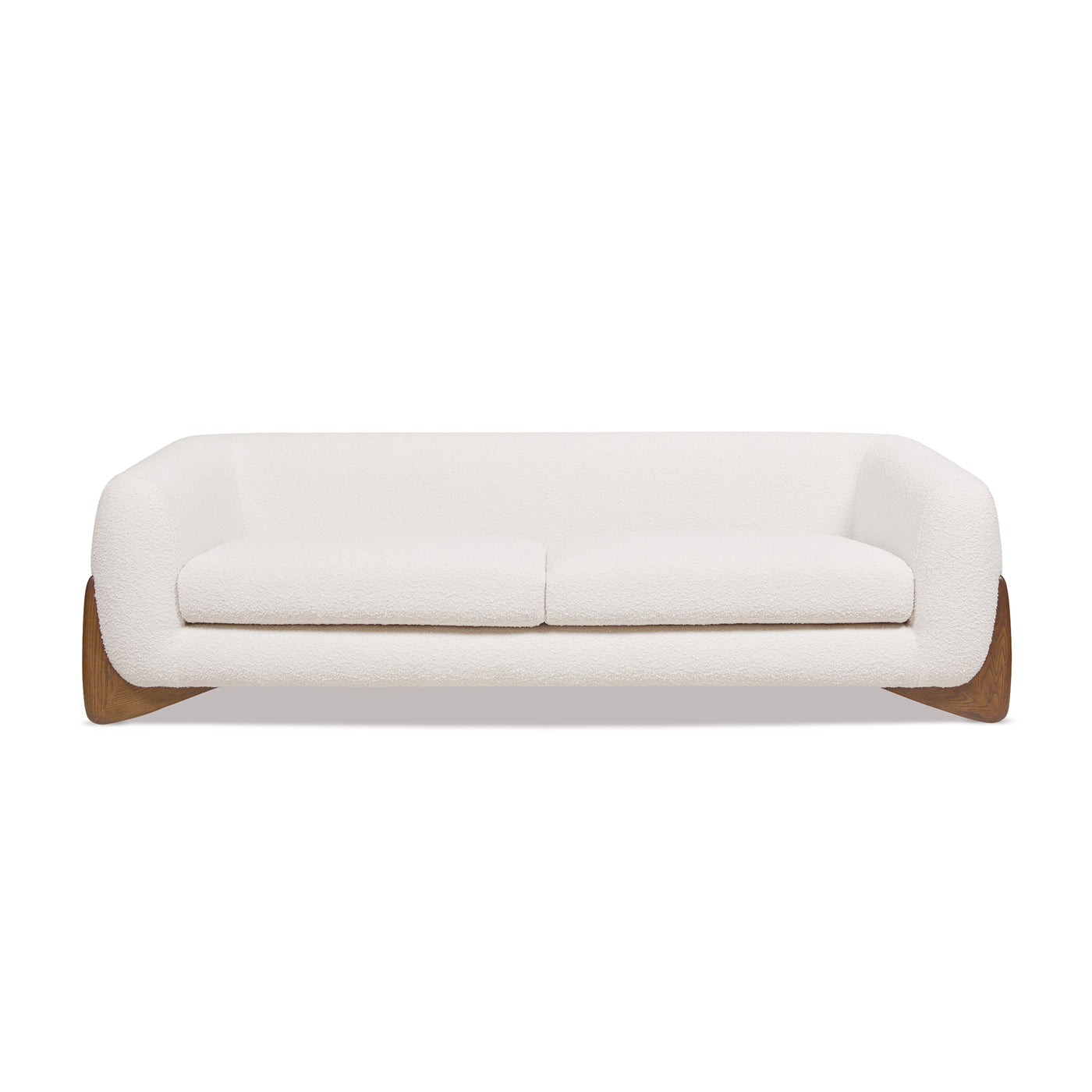 Front view of Alpine Sherpa Sofa Ivory White with clean lines, plush cushions, and oak base for a minimalist modern aesthetic.
