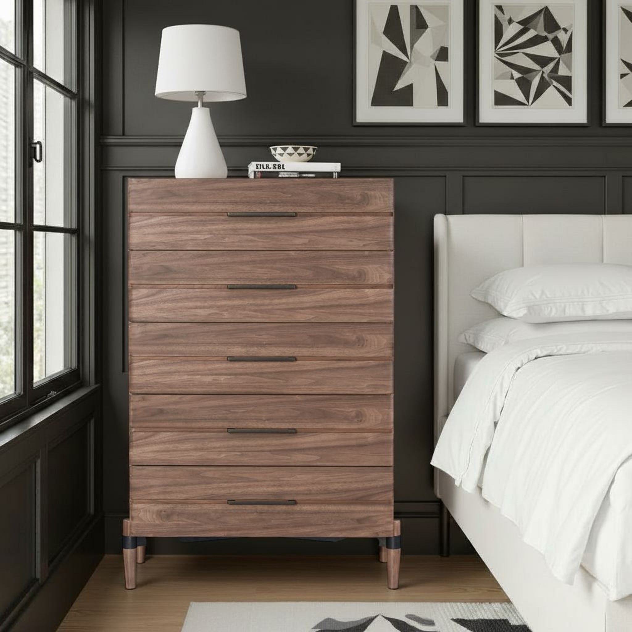 Tranquility 5-Drawer Walnut Wood Chest with Metal X Base