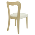 Back angled view of a contemporary dining chair in light ash wood with a beige seat, highlighting the curved backrest design.