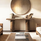 60" console table in medium-dark reclaimed elm with two rustic pillar supports and a textured rectangular top.