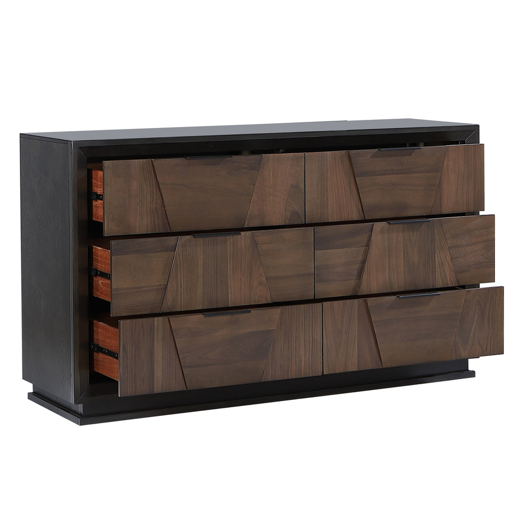 Solid wood Walnut 6-Drawer Dresser with all drawers partially open, showcasing smooth metal glides and ample storage capacity.