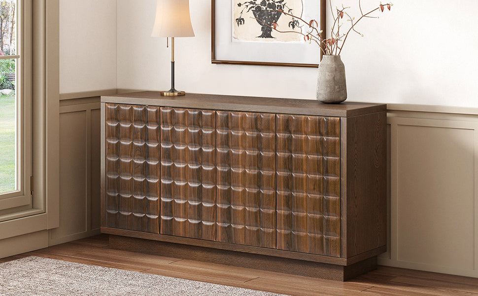 Side angle of 4-door cabinet with 3D geometric doors and metal trim, blending into a stylish home interior.