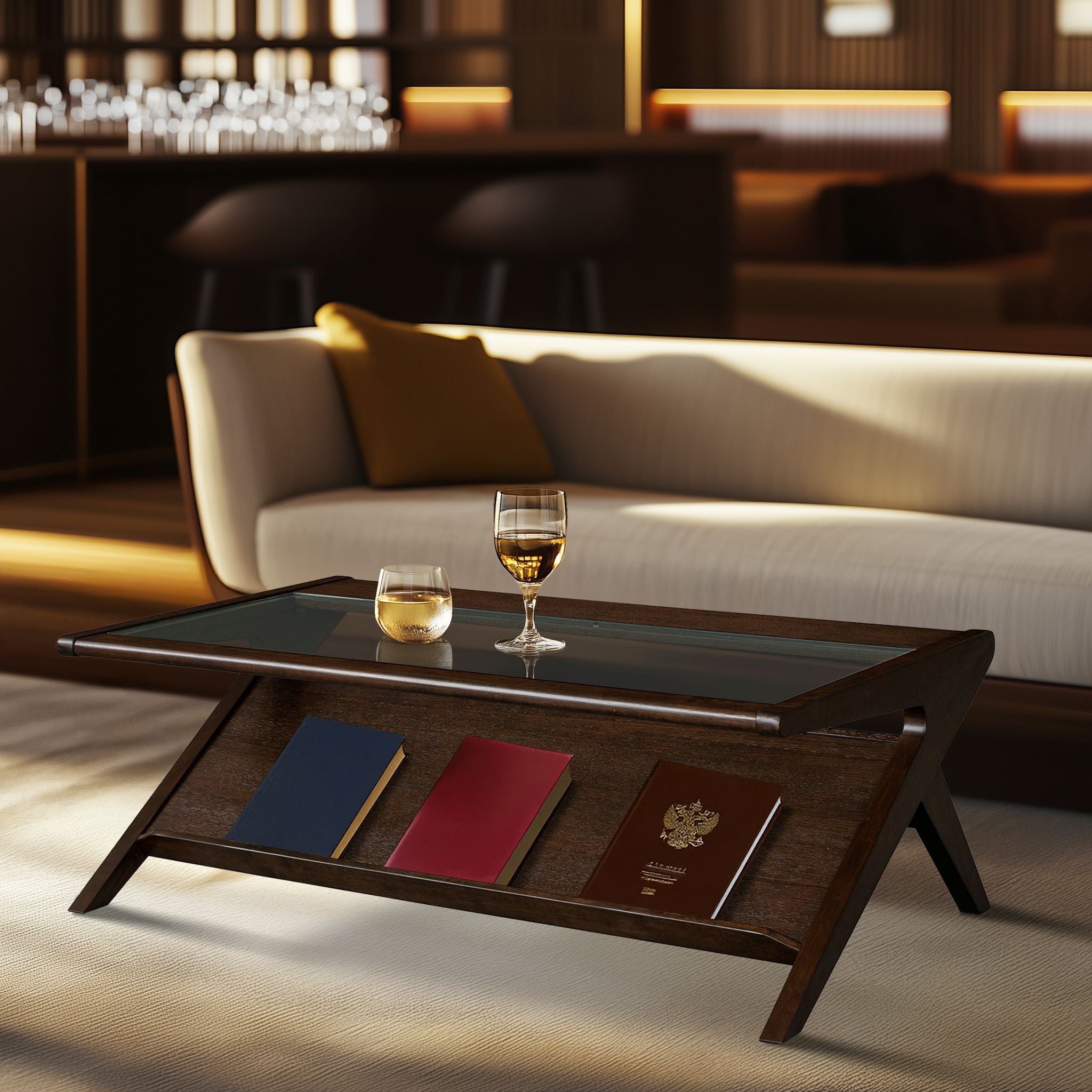 Mid-Century Modern Coffee Table in Morocco Brown styled in a modern lounge with ambient lighting and drinks on the glass top.