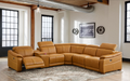 Tan leather modular sectional with power recliner, adjustable headrests, and a storage console with cup holders.