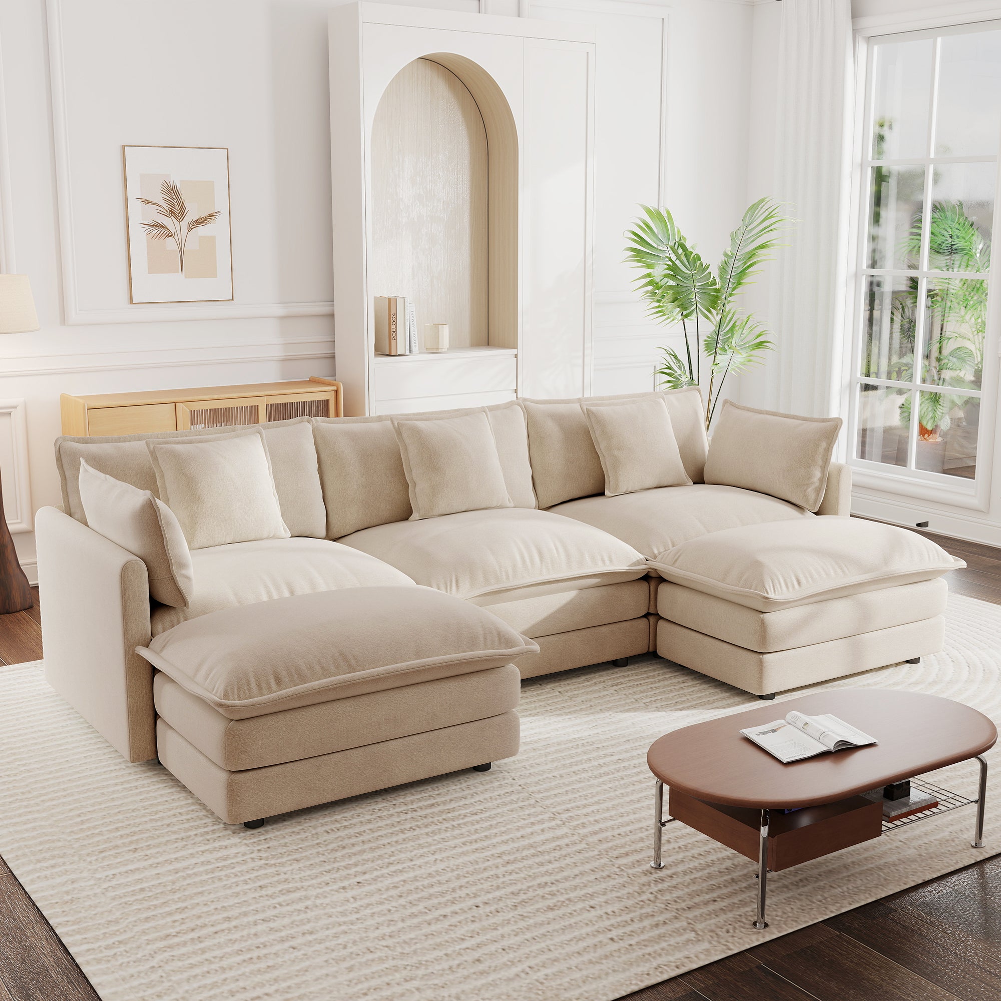 Light Coffee 5-Seater U-Shaped Chenille Sectional with Ottomans