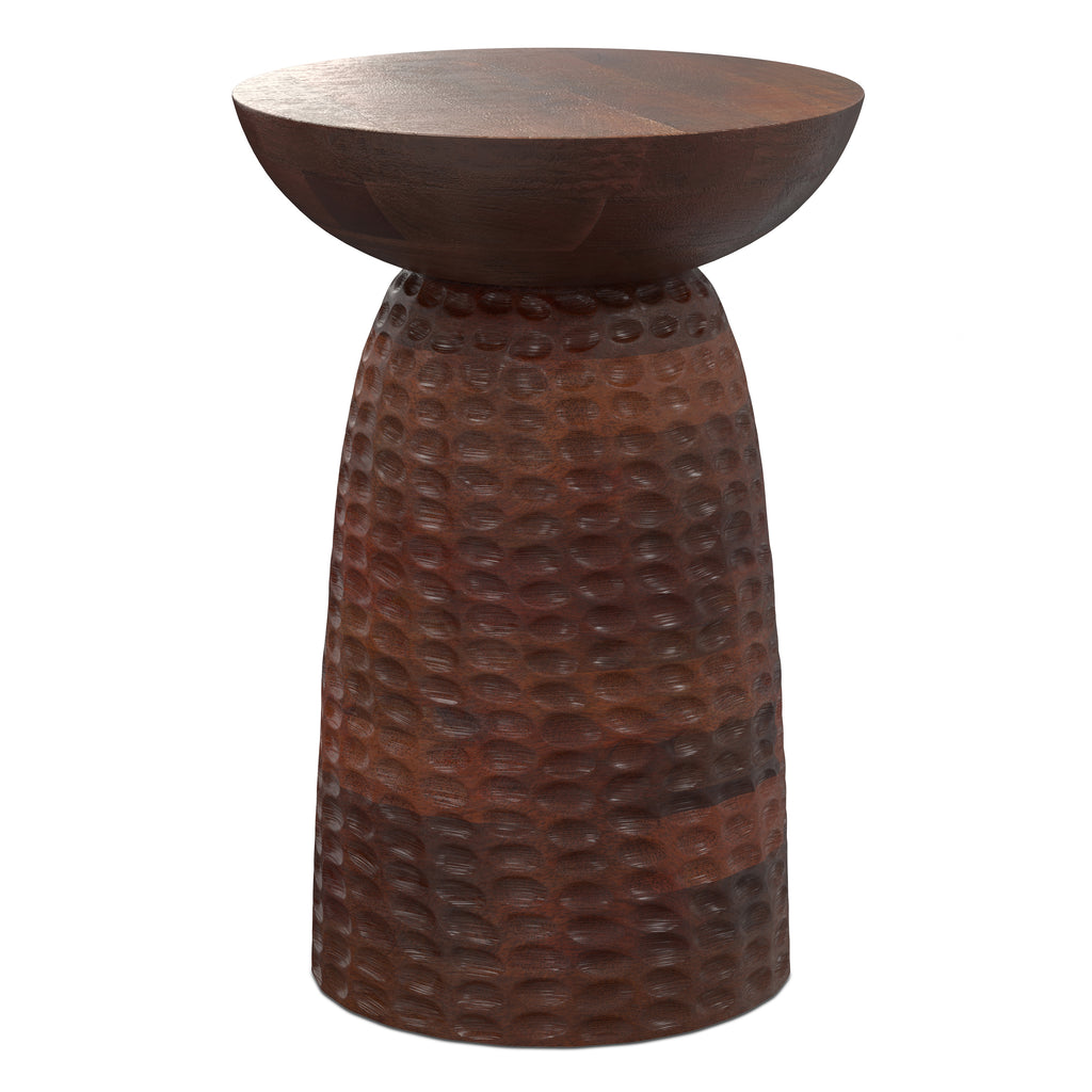 Angled view of Boyd 16 inch Mango Wood Accent Table showcasing its sculptural silhouette and hammered wood detail.