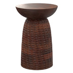 Angled view of Boyd 16 inch Mango Wood Accent Table showcasing its sculptural silhouette and hammered wood detail.
