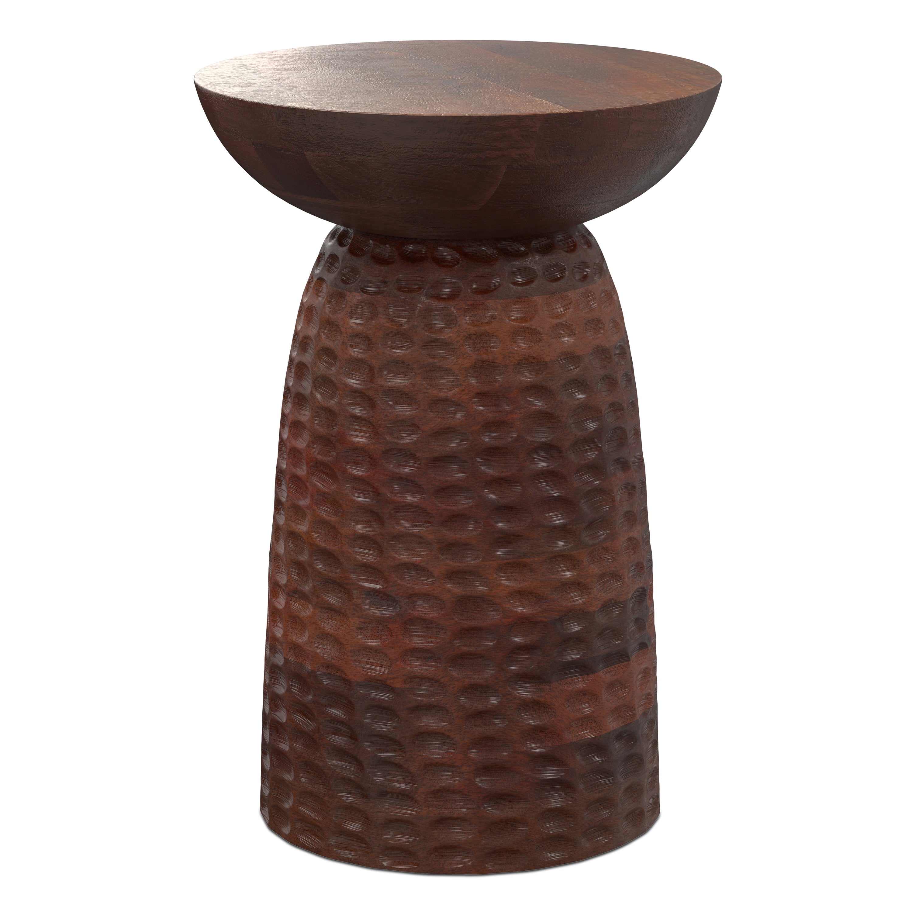 Angled view of Boyd 16 inch Mango Wood Accent Table showcasing its sculptural silhouette and hammered wood detail.