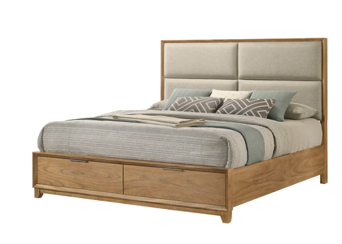 King Storage Platform Bed - Upholstered Headboard shown with closed footboard drawers and plush bedding, perfect for contemporary interiors.