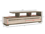 Modern wood TV stand with labeled dimensions, showing open shelving and drawer sizes for media and storage organization.