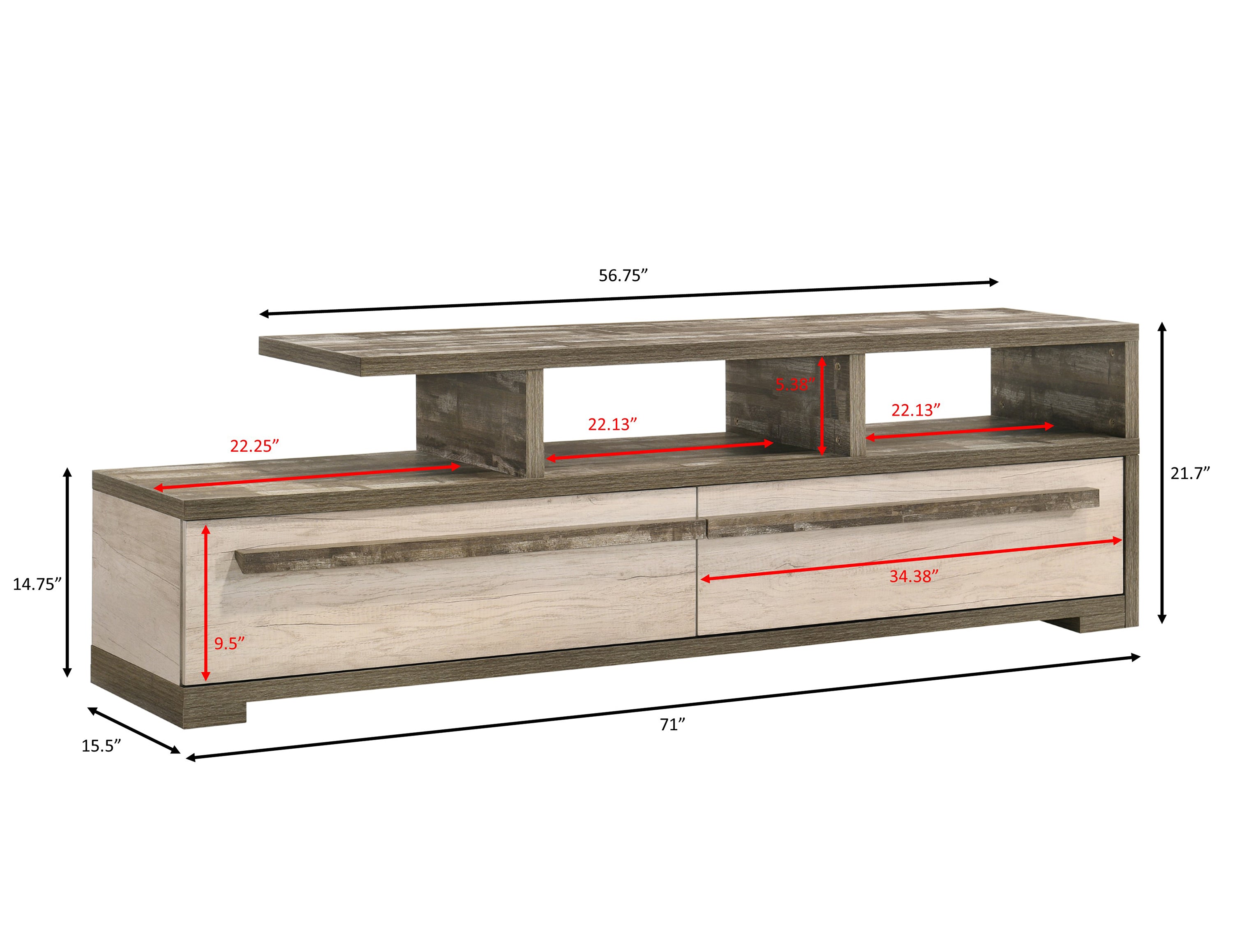 Modern wood TV stand with labeled dimensions, showing open shelving and drawer sizes for media and storage organization.