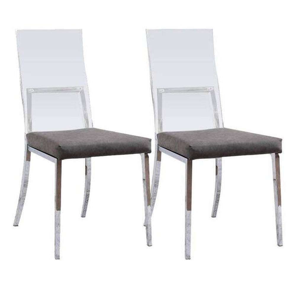Set of two minimalist style dining chairs with chrome frames and acrylic backs, perfect for modern dining spaces.